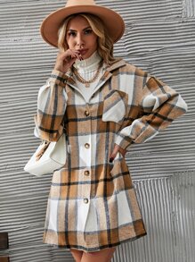 SHEIN Clasi 格子印花纽扣前大衣和裙子，女士深秋休闲纽扣长袖常规版型多色落肩裙女式两件套服装，休闲日常穿着 - 彩色 - 查看 7