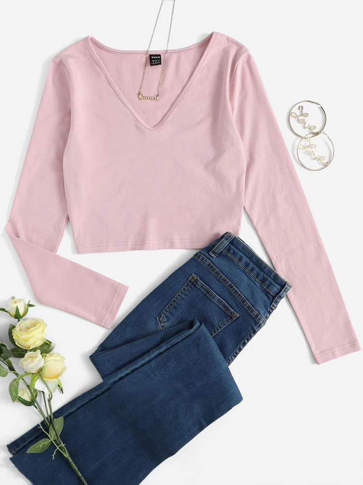 SHEIN EZwear เสื้อยืด ครอป สีพื้น คอวี - สีเบบี้ชมพู - ดู 6