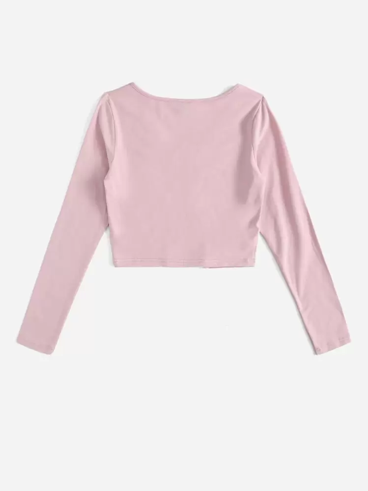 SHEIN EZwear เสื้อยืด ครอป สีพื้น คอวี - สีเบบี้ชมพู - ดู 2