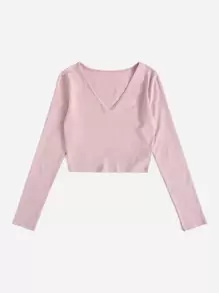 SHEIN EZwear Camiseta corta unicolor de cuello V - Rosa Pálido - Ver 3