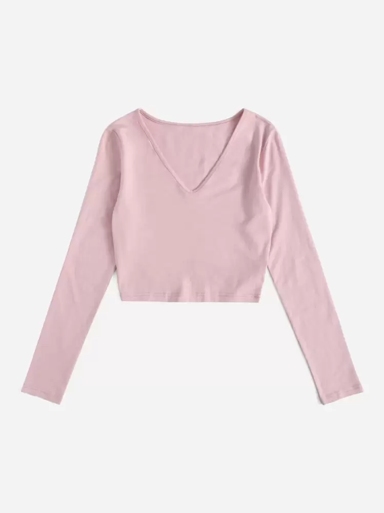 SHEIN EZwear เสื้อยืด ครอป สีพื้น คอวี - สีเบบี้ชมพู - ดู 3