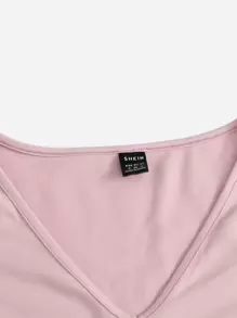 SHEIN EZwear Camiseta corta unicolor de cuello V - Rosa Pálido - Ver 4