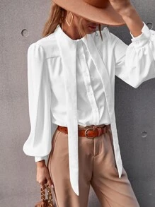 Button Up Bishop Sleeve Blouse - White - View 3