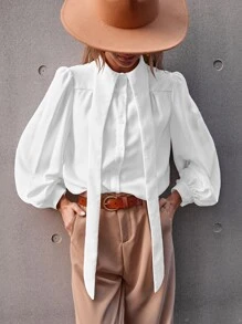 Button Up Bishop Sleeve Blouse - White - View 4