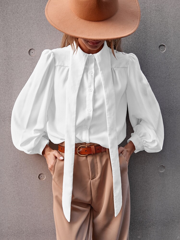 前排扣燈籠袖襯衫 - 白色 - 查看 4