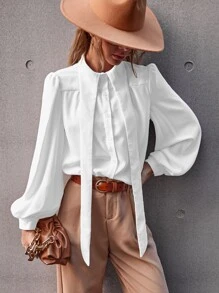 Button Up Bishop Sleeve Blouse - White - View 5