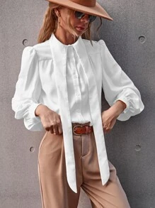Button Up Bishop Sleeve Blouse - White - View 6