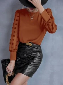 SHEIN LUNE 素色圓點燈籠袖襯衫 - 亮橙色 - 查看 4
