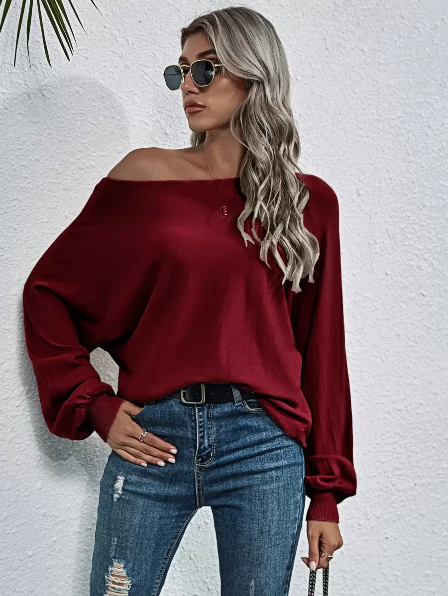 SHEIN LUNE Boat Neck Batwing Sleeve Jumper - Burgundy - View 1
