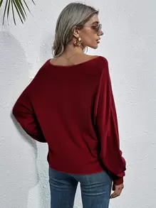 SHEIN LUNE Boat Neck Batwing Sleeve Jumper - Burgundy - View 2
