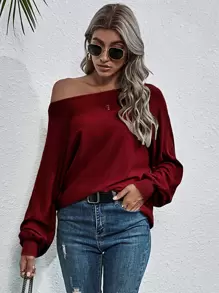 SHEIN LUNE Boat Neck Batwing Sleeve Jumper - Burgundy - View 3