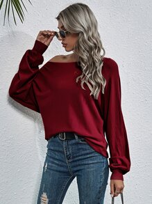 SHEIN LUNE Boat Neck Batwing Sleeve Jumper - Burgundy - View 4