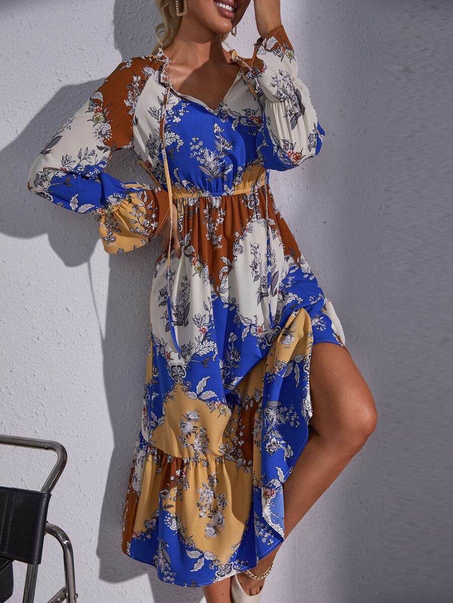 Floral Print Flounce Hem Dress Without Belt - Multicolor - View 1