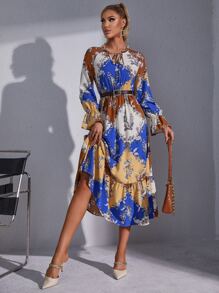 Floral Print Flounce Hem Dress Without Belt - Multicolor - View 6