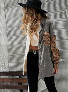 EMERY ROSE Cut And Sew Leopard Corduroy Coat - Multicolor - View 3