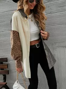 EMERY ROSE Cut And Sew Leopard Corduroy Coat - Multicolor - View 4