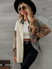 EMERY ROSE Cut And Sew Leopard Corduroy Coat - Multicolor - View 5