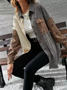 EMERY ROSE Cut And Sew Leopard Corduroy Coat - Multicolor - View 6