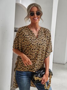 Blusa con estampado de leopardo de manga murciélago irregular - Multicolor - Ver 3