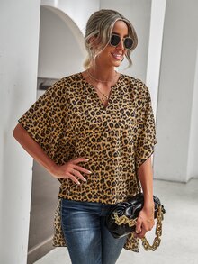 Blusa con estampado de leopardo de manga murciélago irregular - Multicolor - Ver 5