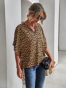 Blusa con estampado de leopardo de manga murciélago irregular - Multicolor - Ver 6
