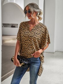 Blusa con estampado de leopardo de manga murciélago irregular - Multicolor - Ver 7