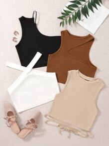 SHEIN Unity 4 piezas Top unicolor corto tejido de canalé - Multicolor - Ver 1