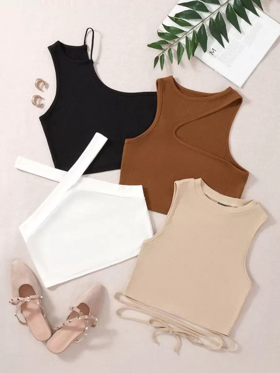 SHEIN Unity 4 piezas Top unicolor corto tejido de canalé - Multicolor - Ver 1