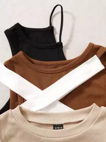 SHEIN Unity 4 piezas Top unicolor corto tejido de canalé - Multicolor - Ver 6