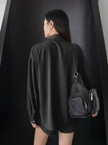 DAZY 落肩衬衫搭配阔腿短裤，女士两件套，秋季女士家居服套装 - 黑色 - 查看 2