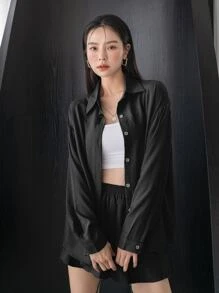 DAZY 落肩衬衫搭配阔腿短裤，女士两件套，秋季女士家居服套装 - 黑色 - 查看 4