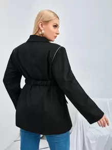 SHEIN Unity Plus Contrast Piping Double Breasted Belted Blazer - Black - View 2