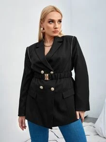 SHEIN Unity Plus Contrast Piping Double Breasted Belted Blazer - Black - View 5