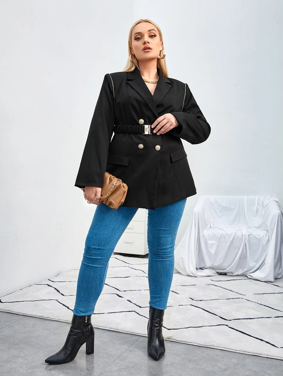 SHEIN Unity Plus Contrast Piping Double Breasted Belted Blazer - Black - View 1
