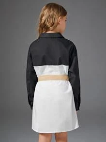 SHEIN 女孩撞色翻蓋口袋落肩袖腰帶襯衫連衣裙 - 彩色 - 查看 2