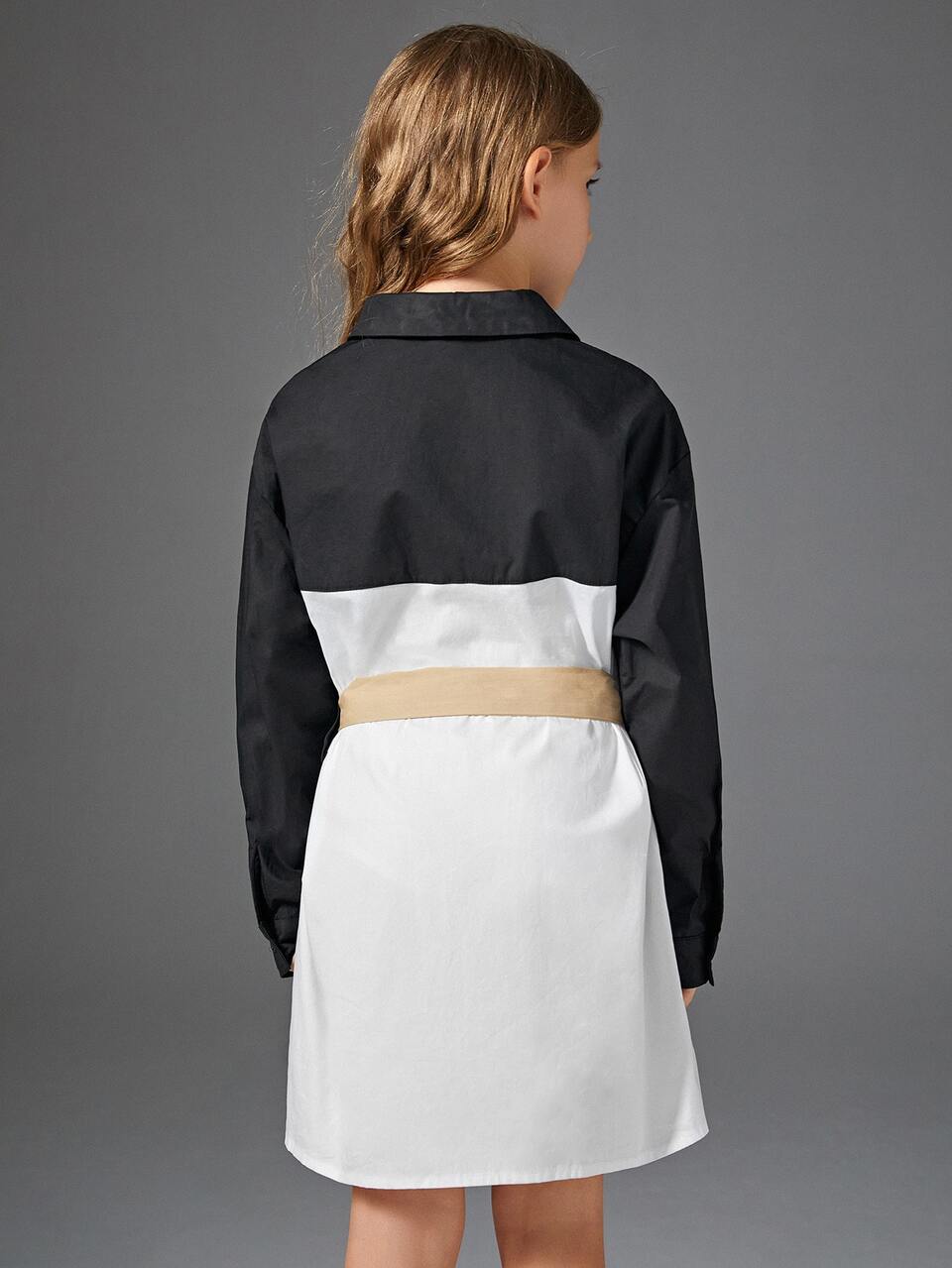 Girls Colorblock Flap Pocket Drop Shoulder Belted Shirt Dress
