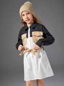 SHEIN 女孩撞色翻蓋口袋落肩袖腰帶襯衫連衣裙 - 彩色 - 查看 3