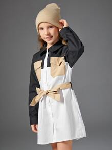 SHEIN 女孩撞色翻蓋口袋落肩袖腰帶襯衫連衣裙 - 彩色 - 查看 5