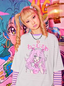 ROMWE Kawaii Camiseta amplia con estampado de figura de dibujos animados - Blanco - Ver 1