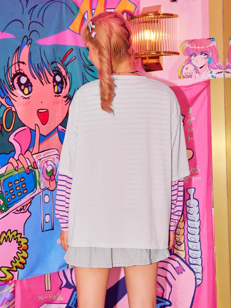 Kawaii Cartoon Figure Print Oversized Tee - White - View 2