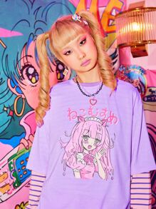 ROMWE Kawaii Cartoon Figure Print Oversized Tee - Lilac Purple - View 1