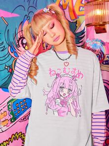 ROMWE Kawaii Camiseta amplia con estampado de figura de dibujos animados - Blanco - Ver 3