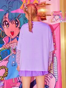 ROMWE Kawaii Cartoon Figure Print Oversized Tee - Lilac Purple - View 2
