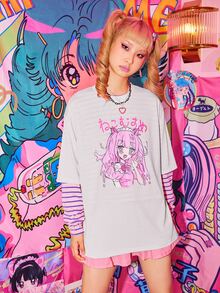 ROMWE Kawaii Camiseta amplia con estampado de figura de dibujos animados - Blanco - Ver 4