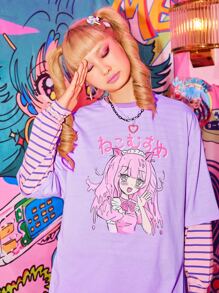 ROMWE Kawaii Cartoon Figure Print Oversized Tee - Lilac Purple - View 3