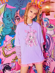 ROMWE Kawaii Cartoon Figure Print Oversized Tee - Lilac Purple - View 4