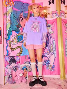 ROMWE Kawaii Cartoon Figure Print Oversized Tee - Lilac Purple - View 5