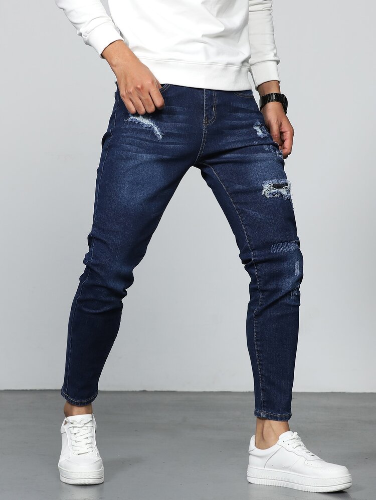 Manfinity Bolso Rasgado Zíper Simples Jeans Masculina - Lavagem escura - Visão 4