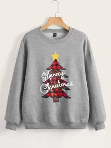 SHEIN Áo pull ấm áp In Giáng sinh Thả vai - Xám - Xem 1