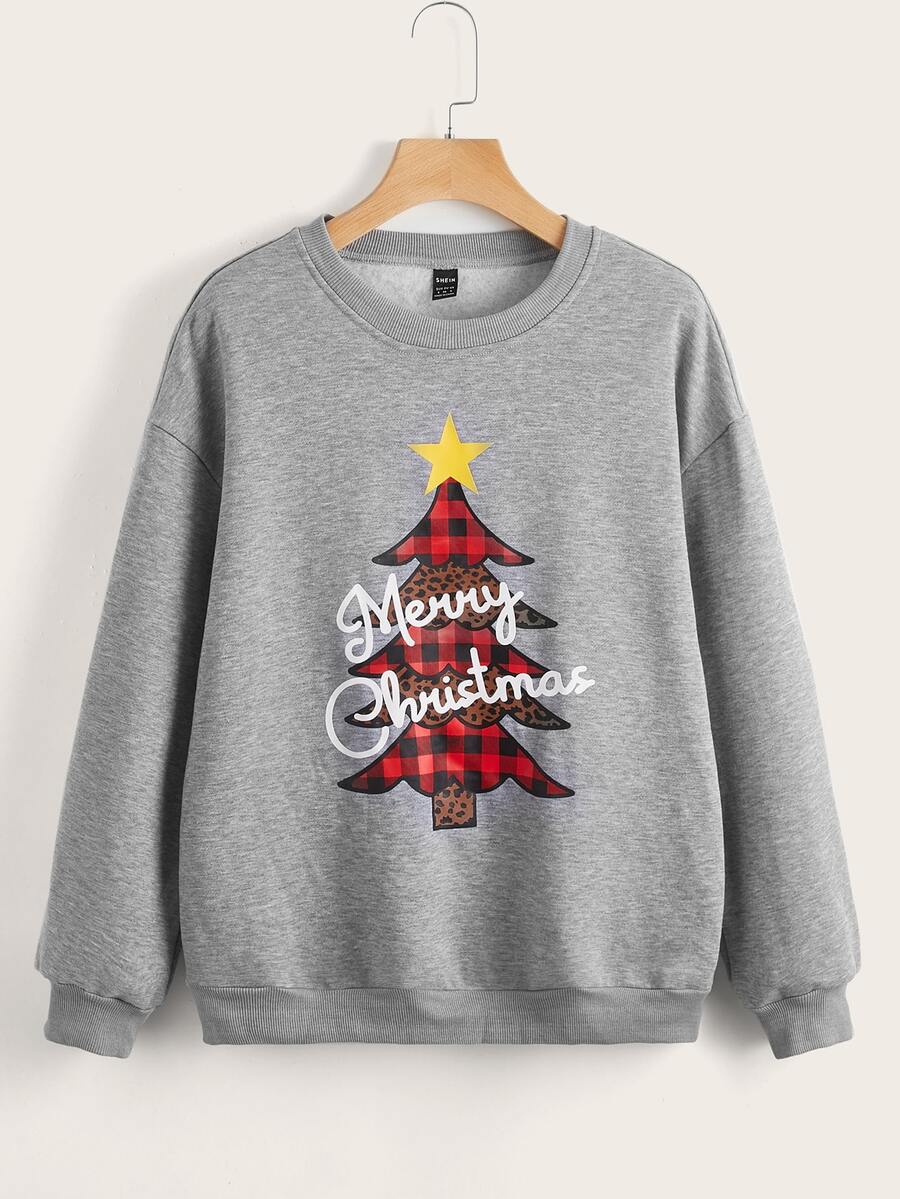 SHEIN Áo pull ấm áp In Giáng sinh Thả vai - Xám - Xem 1